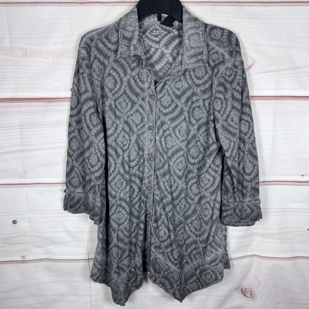 Focus Casual Life Button Up Shirt Women Large Gray Textured Tunic Lagenlook Top
